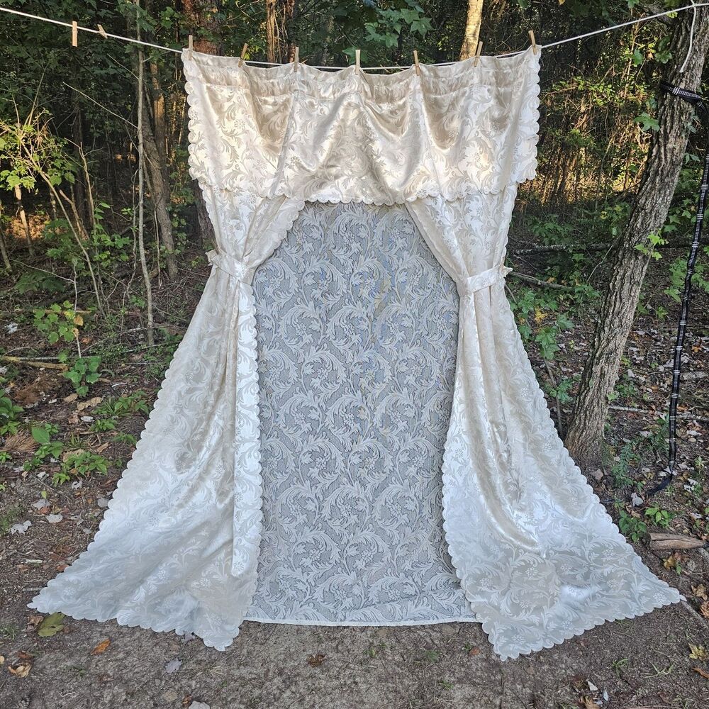 Vintage Floral Damask Curtains, Lace Underlay with Attached Scalloped Valance